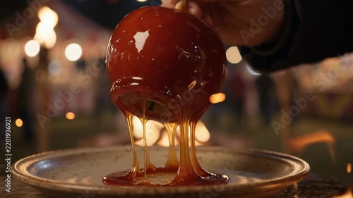 Traditional toffee apple at fairground with sticky caramel and festive lights in background. Toffee apple being lifted off plate with warm caramel dripping down, showcasing seasonal delight.