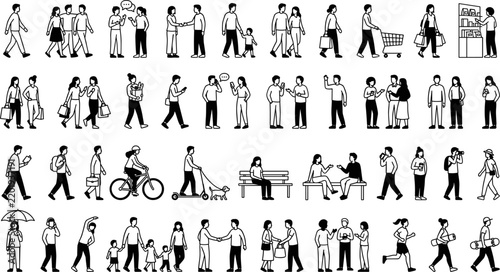 Diverse people walking stencil and corporate business character minimalist line art vector icon set featuring black outline symbols of public crowd pedestrian activities shopping and commuting