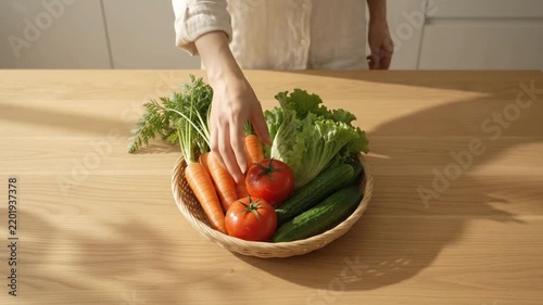 Fresh vegetables in basket with hand reaching towards carrots, tomatoes, cucumbers, and lettuce on wooden table. Healthy nutrition emphasizes fresh ingredients in zero waste kitchen concept.