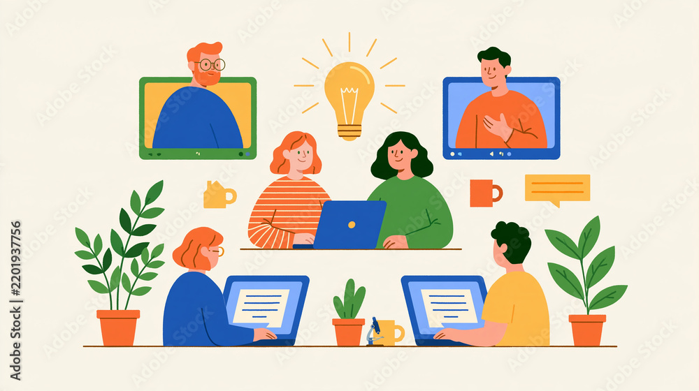 Fototapeta premium Online social connection concept faceless figures viewed from behind on laptop screens during a group video call cozy home gathering accents bright clean minimal background soft