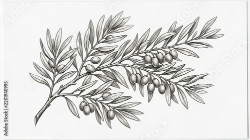 Detailed botanical sketch shows olive branch with leaves and fruit. Hand-drawn lines capture natural texture and form. Olive tree elements display mature growth and ripeness