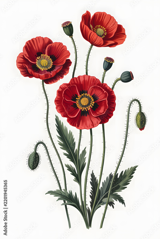 Obraz premium Botanical Illustration of Red Poppy Flowers Isolated on White Background