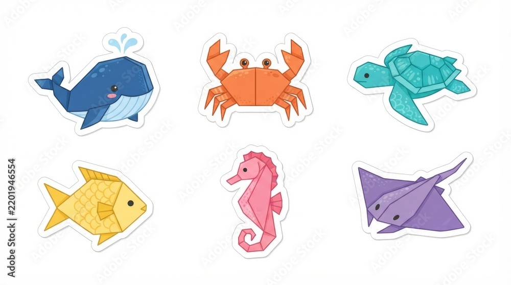 Fototapeta premium Set of Six Cute Origami Style Sea Animal Stickers on White Background