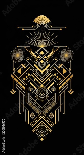 Elegant symmetrical art deco pattern with intricate golden geometric shapes and decorative elements set against a deep black backdrop, wallpaper, seamless, decorative
