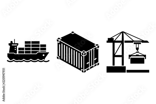 Cargo ship intermodal freight container and harbor crane maritime logistics icons
