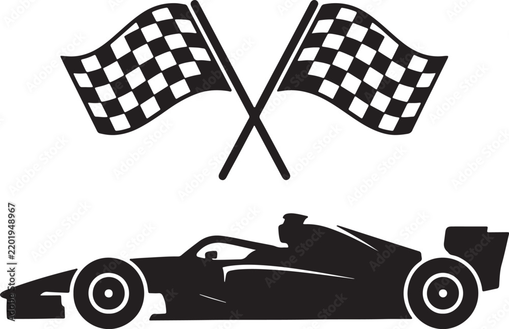 Obraz premium Black and white of a formula one racing car in profile view beneath two crossed checkered flags also transparent background