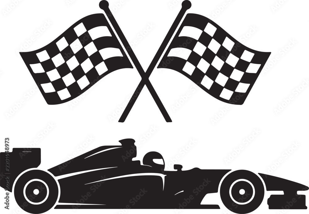 Obraz premium Black and white of two crossed checkered racing flags above a sleek formula race car silhouette also transparent background