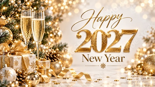 Celebration of New Year 2027 With Decorations and Champagne Glasses