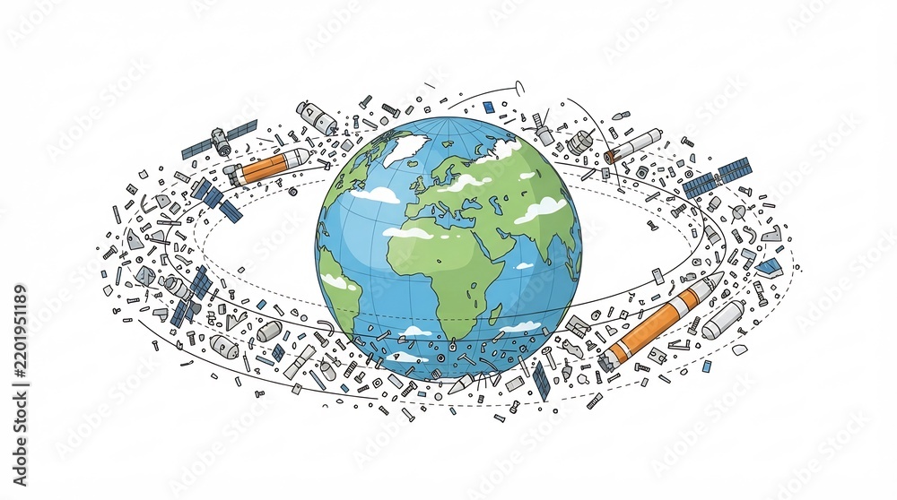 Fototapeta premium Earth Surrounded by a Dense Ring of Orbital Space Debris Including Broken Satellites – Space Science Illustration