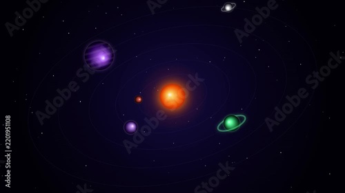 colorful planets orbiting around a glowing bright orange sun in deep dark space with thin orbital lines