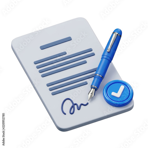 3D rendered document with a blue fountain pen and checkmark icon