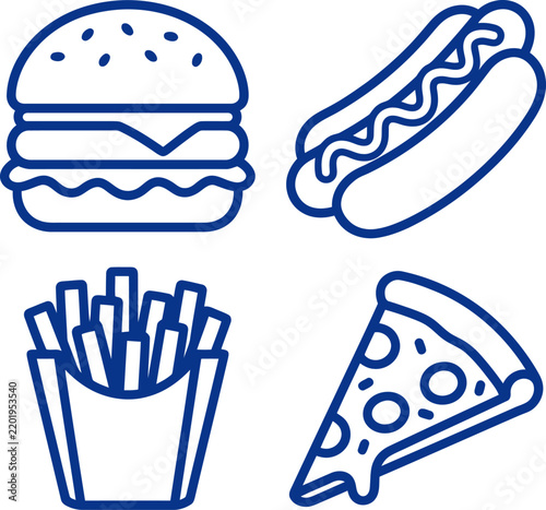 Vector illustration of fast food items including burger hot dog fries and pizza on white background
