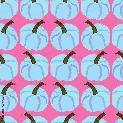 Blue pumpkins in rows and columns seamless pattern for fall, autumn, and Halloween. This hand drawn design features a bold neon pastel color palette in a structured grid layout. 