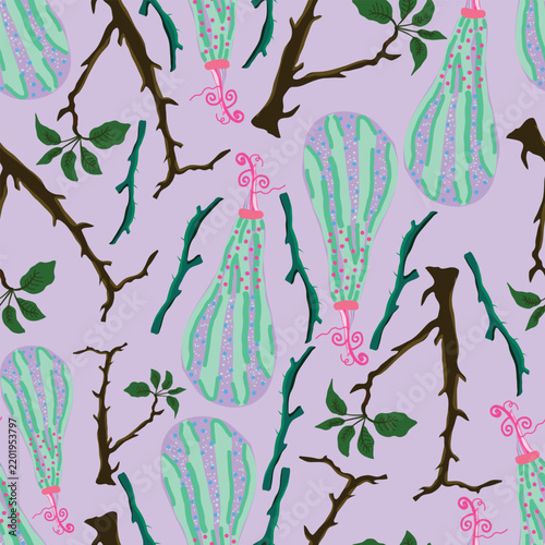 Neon pastel purple and green gourds with tree trunk and leaves seamless pattern for autumn and Halloween.