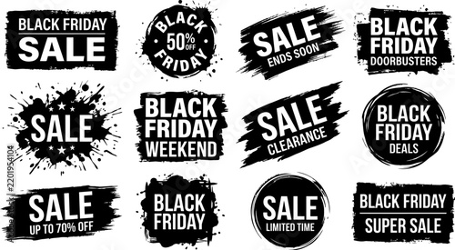 Black Friday sale banners with discount labels and sale messages for retail marketing