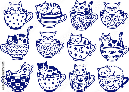 A collection of vector illustrations featuring cats in bowls.