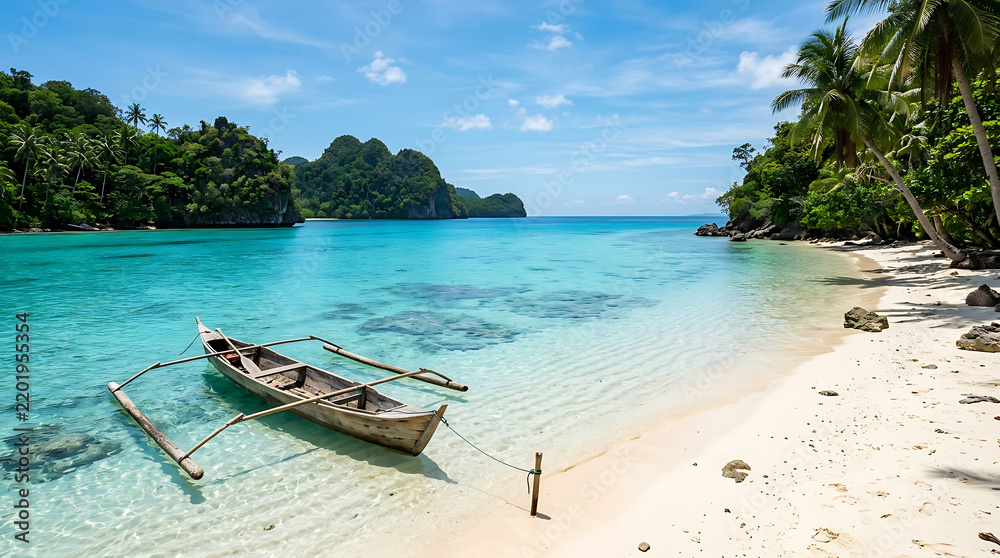 Fototapeta premium Tropical beach with boat, palm trees, and clear turquoise water