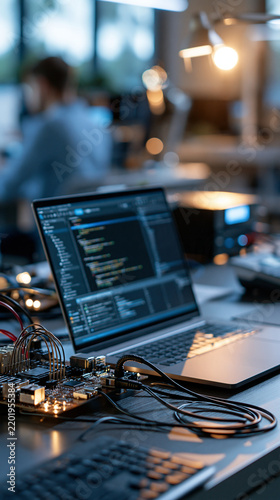 Obraz na płótnie Cloud coding and electronics testing concept laptop screen beside circuit testing equipment on a workbench bright clean modern workspace soft even lighting software and