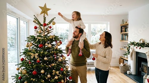 Family placing star on decorated christmas tree indoors during holiday season with members happily decorate tree ornaments golden family bonding tall christmas contemporary celebration bookshelf
