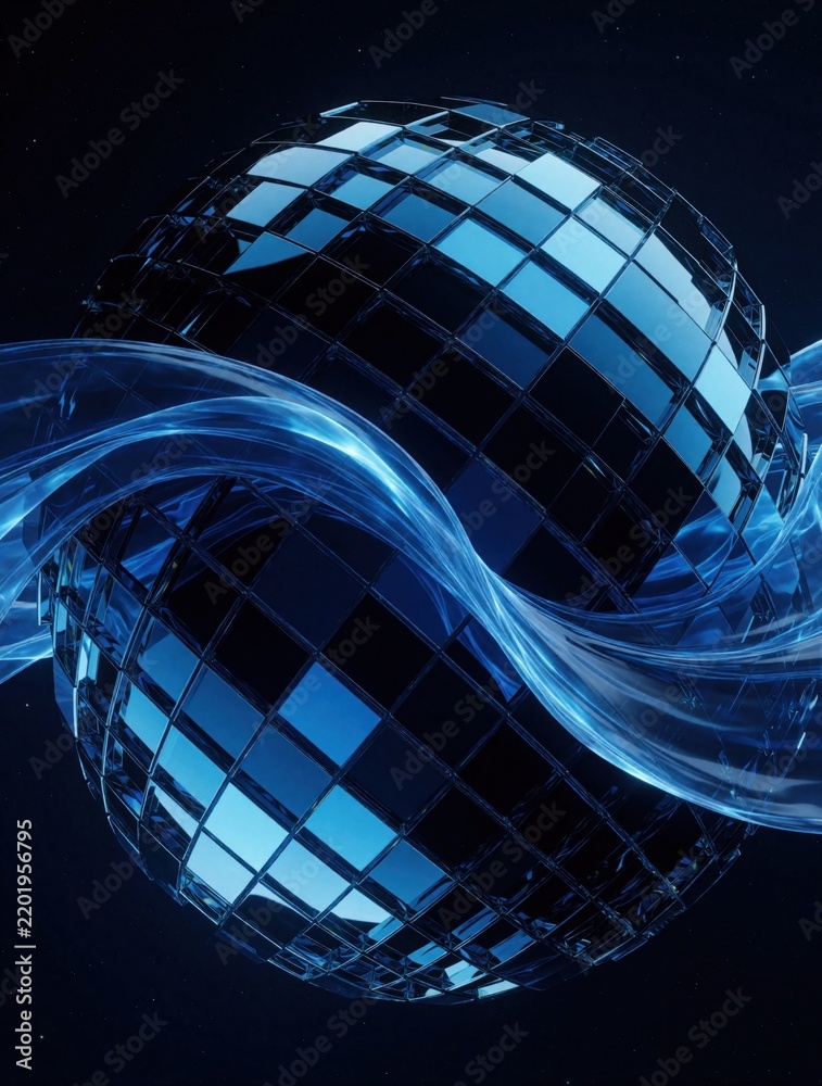 Fototapeta premium Abstract blue sphere with geometric mosaic pattern. Shiny glass tiles form disco ball shape. Translucent liquid waves swirl around orb in dark space. Modern digital art design for tech background