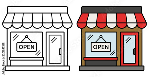 An illustrative comparison shows a shopfront: one side is a line drawing outline, the other side is a fully colored, vibrant representation of a retail store with an Open sign.