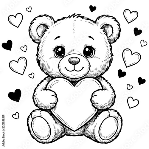 Cute teddy bear holding a heart with surrounding hearts