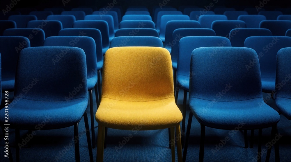 Fototapeta premium One bright yellow chair stands out in a dark room filled with many blue seats. This empty auditorium seating arrangement highlights uniqueness and standing apart from the crowd.