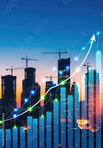 Vibrant city skyline featuring construction cranes and rising financial bar graphs with glowing data points across a modern urban landscape, analytical, future, prosperity