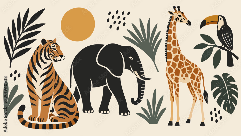 Obraz premium Boho Safari Wildlife Animals Banner, Tropical African Elephant Tiger Giraffe Toucan Bird and Sun Illustration, Vector Illustration 