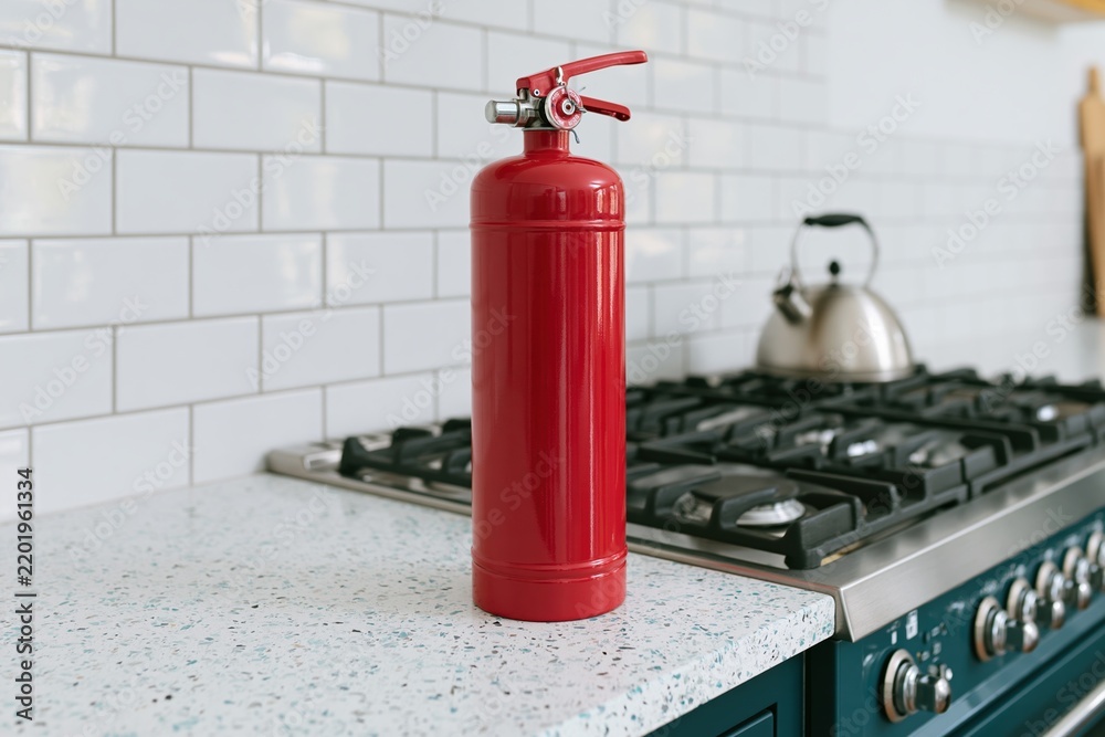 Obraz premium The Red Fire Extinguisher Resting on a Speckled Kitchen Counter