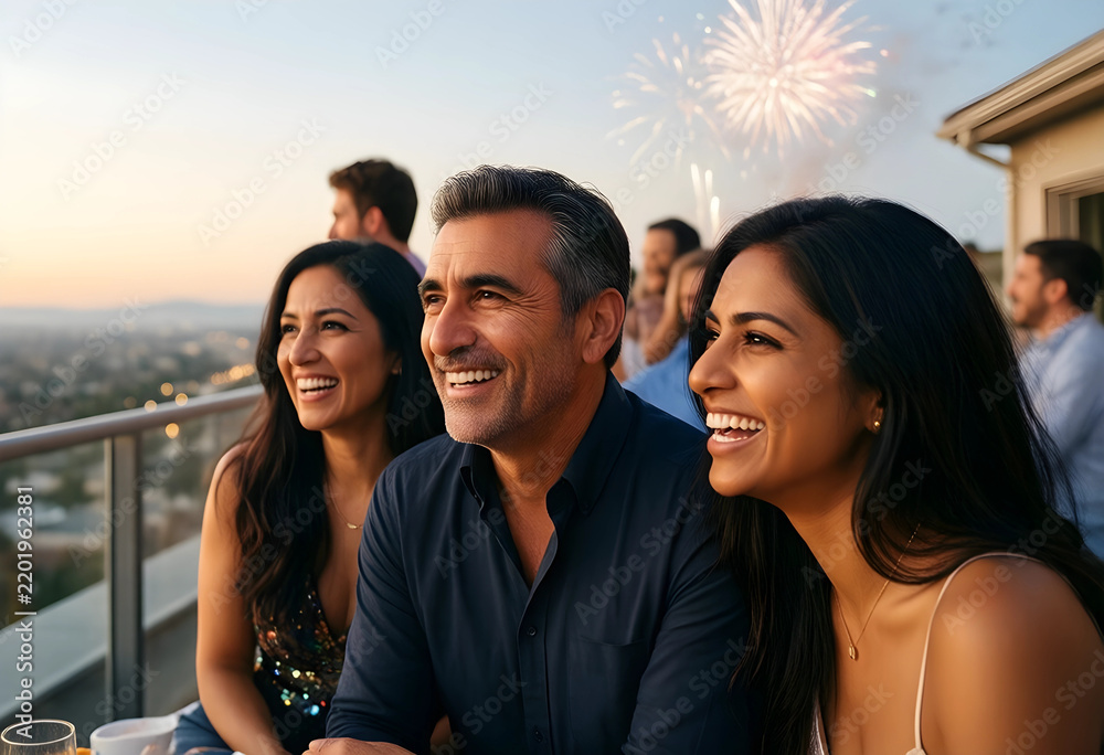 Fototapeta premium Celebration and social connection, diverse group of friends enjoying a rooftop party with fireworks at sunset for holiday event and festive gathering