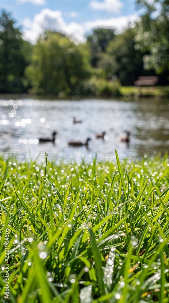 Obraz premium Dewdrops glisten on vibrant green grass in the foreground, with a serene lake and ducks swimming in the background, evoking a sense of peaceful nature.