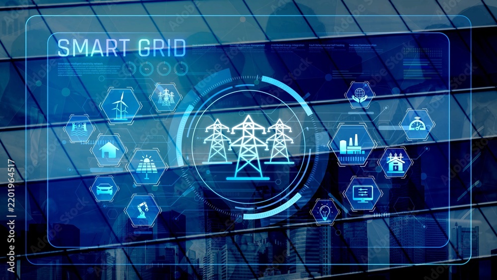 Obraz premium Smart grid system integrating renewable energy sources, energy storage, smart inverters, and demand response for efficient, decentralized, and modern power distribution Marrow