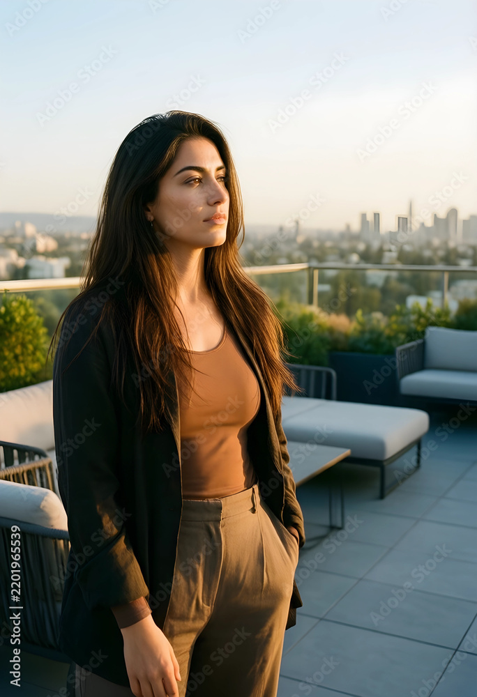 Fototapeta premium Work-life balance and career ambition, young woman standing on a rooftop terrace overlooking a city skyline at sunset during a moment of reflection