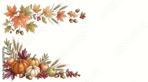 Autumn harvest frame with pumpkins colorful leaves and acorns for seasonal decoration