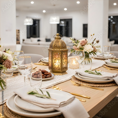 Decorative lantern on a beautifully set dinner table