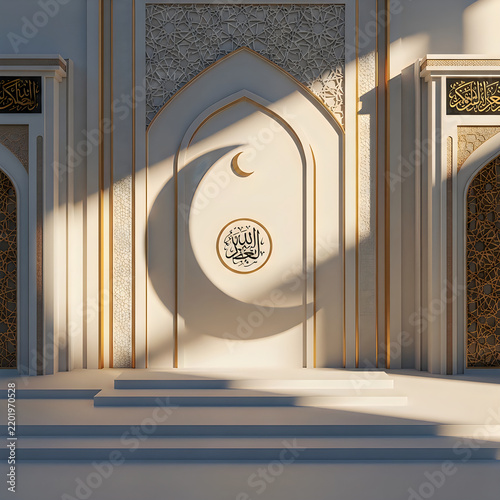 Crescent moon and arabic calligraphy inside a mosque