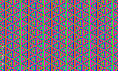 Seamless geometric pattern composed of repeating turquoise and pink triangular motifs arranged in a precise tessellated grid over a muted green background.