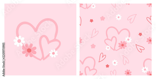 Cute seamless romantic heart and daisy pattern featuring overlapping pink outlined hearts, delicate white and coral flowers and tiny hand drawn hearts on a soft pastel pink background.