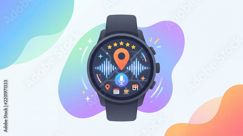Voice search optimization concept, smartwatch screen with map pin and soundwave icon symbol, star rating and assistant accents, wearable technology interface, bright clean minimal background