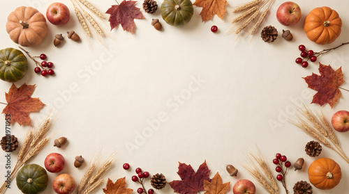 Autumn harvest border with pumpkins colorful leaves and berries with copy space area