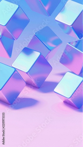 abstract digital art piece appears multiple cubes different sizes shapes cubes arranged scattered manner overlapping background gradient pink blue gradient effect creates sense depth dimension colors