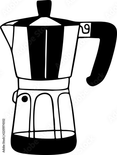 Hand-drawn black and white moka pot stovetop espresso maker doodle illustration