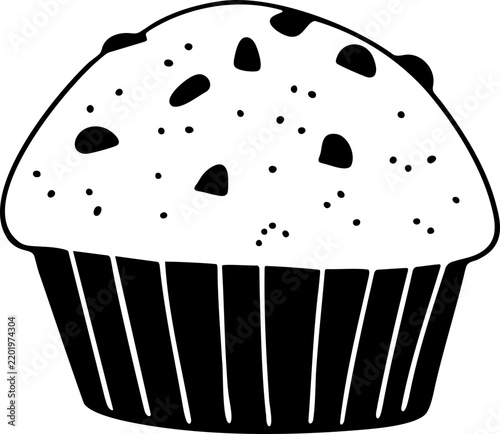 Hand-drawn black and white chocolate chip muffin cupcake doodle illustration