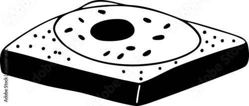 Hand-drawn black and white fried egg toast slice doodle illustration