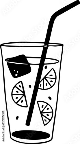 Hand-drawn black and white iced lemonade glass with straw doodle illustration
