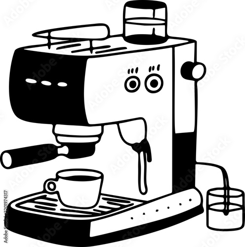 Hand-drawn black and white espresso coffee machine doodle illustration
