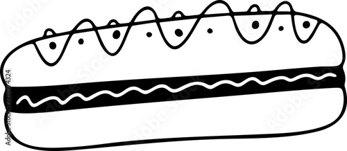 Hand-drawn black and white pastry eclair with cream filling doodle illustration