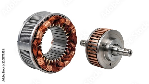 Industrial electric motor parts - stator with copper wire winding and rotor with copper bars and steel shaft isolated on white, engineering concept.