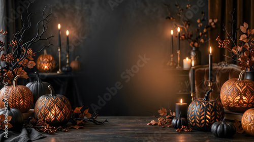 Decorative carved pumpkins with glowing candles on a dark rustic table for halloween